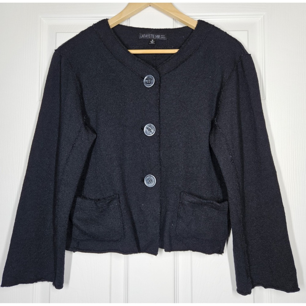 Lafayette 148 Black Raw Seams Button Front Cardigan Boxy 100% Wool Sweater Sz 10